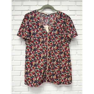 Davi & Dani Women's Large Multicolor Floral V-Neck Short Sleeve Loose Fit Blouse